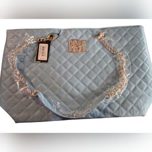 NWT Badgley Mischka Quilted Tote Bag with Gold Chain (BMH-108 Light Blue)